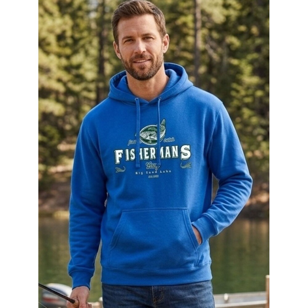 Fishermans Bay Big Sandy Lake MN Hoodie Mens Large Blue Graphic Hoodie Fishing